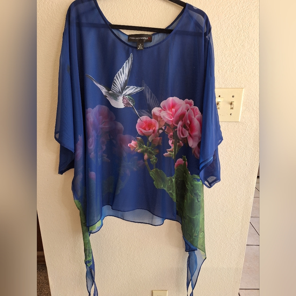 Colleen Lopez Asymmetrical Blue Blouse with 3/4 Sleeves